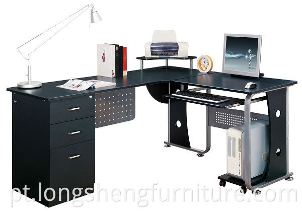 Mobiliário de escritório em L preto, mesa de computador com metal